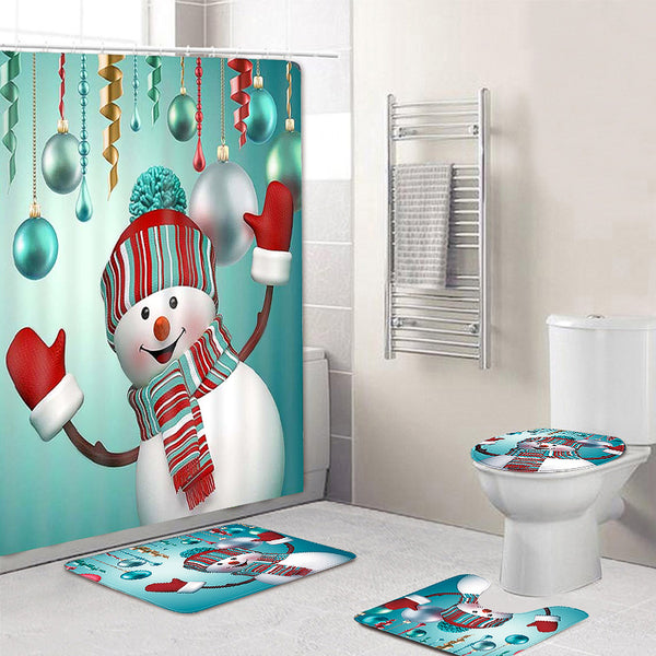 4Pcs Christmas Snowman Non-Slip Rug Pad Toilet Cover Bath Mat Shower Curtain Set