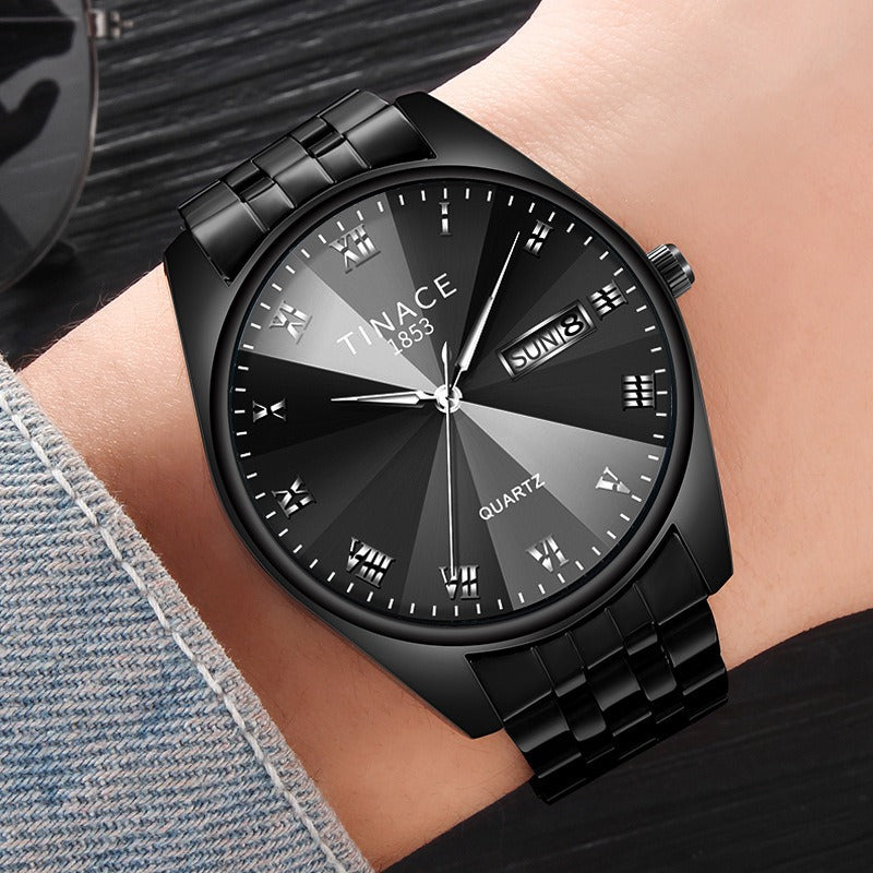 TINACE Men Luminous Display Fashion Blue Black Dial Day Week Display Stainless Steel Quartz Watch