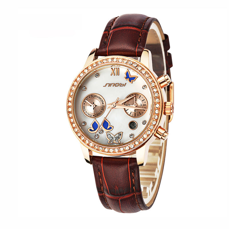 SINOBI 6556 Crystal Case Butterfly Women Leather Strap Ladies Dress Quartz Watch