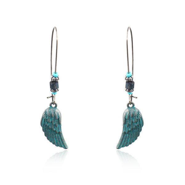 Bohemian Blue Green Feather Shape Dangle Earring Flower Leaf Carving Silver Earrings for Women