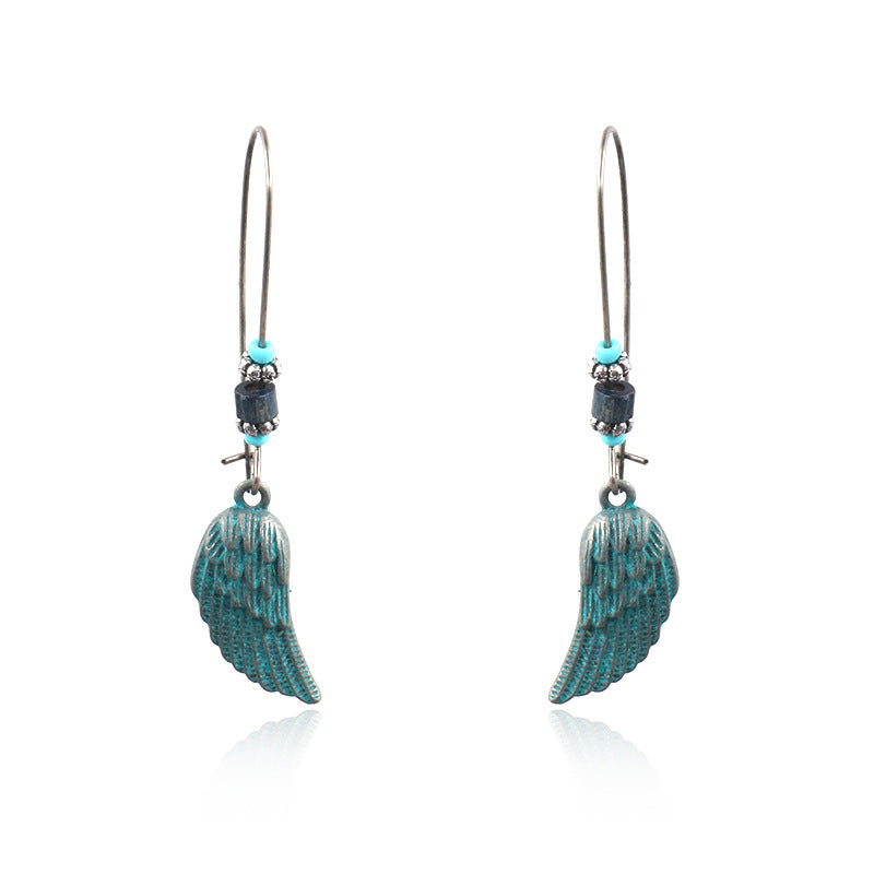 Bohemian Blue Green Feather Shape Dangle Earring Flower Leaf Carving Silver Earrings for Women