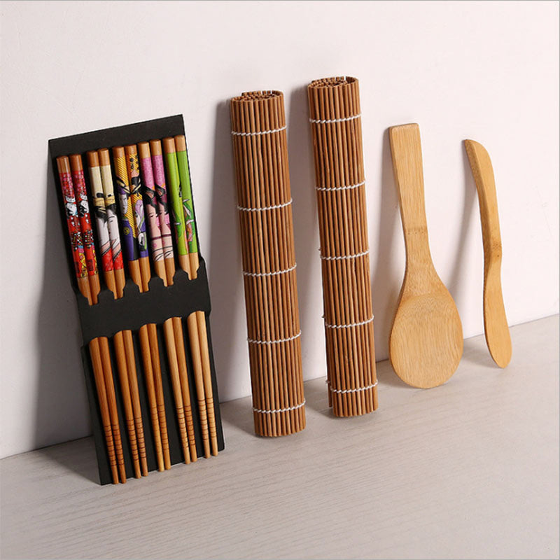 DIY Bamboo Sushi Making Kit 2 Rolling Mats 5 Pairs Chopsticks Rice Spreader Baking Mat