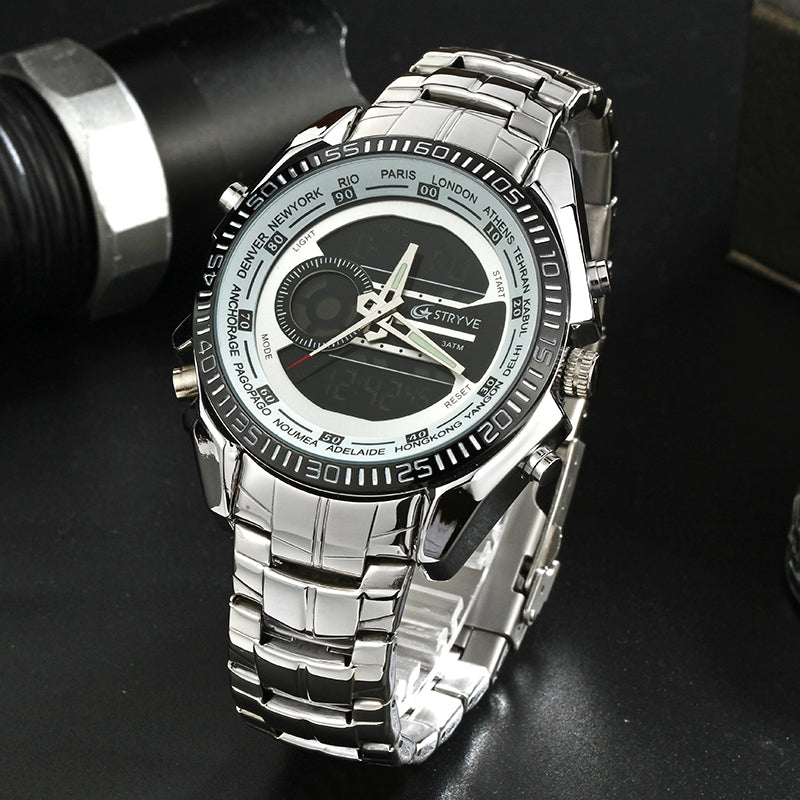 STRYVE S8016 Stainless Steel Calendar Stopwatch Chrono Alarm LED Dual Display Digital Watch