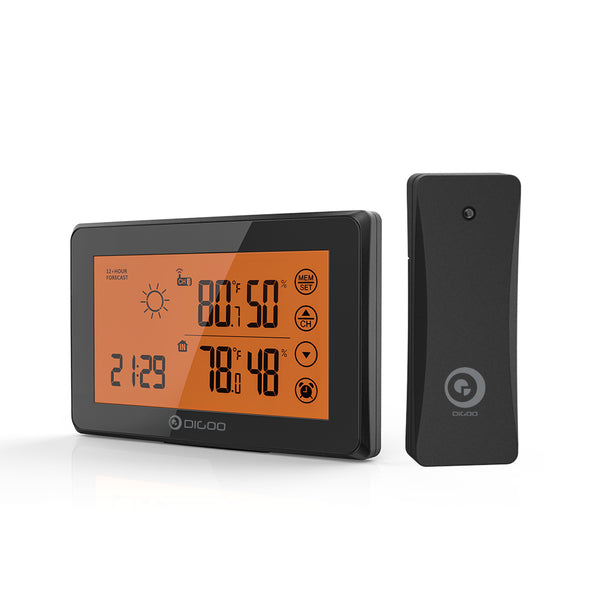 DIGOO DG-TH0340 Orange Backligt LCD Weather Station With Remote Sensor Alarm Clock Touch Screen 12/24h Wether Forecast Temperiture Humidity Alarm Clock