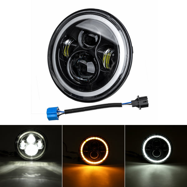 7'' 75W 6000K DRL Amber Halo Angle Eyes Projector LED Round Headlights Hi/Lo Beam Turn signal Light For Harley/Yamaha/Jeep
