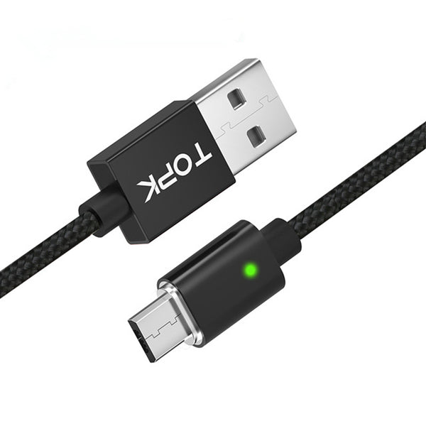 TOPK F-Line 2.4A Micro USB LED Magnetic Braided Fast Charging Data Cable 1M For Smart Phone Tablet