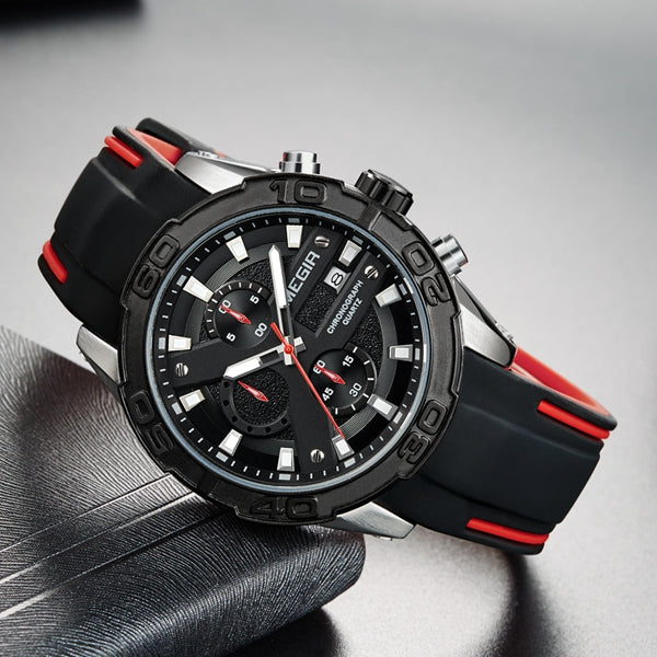 MEGIR 2055 Sport Watch Men Quartz Chronograph Black Male Wrist Watch