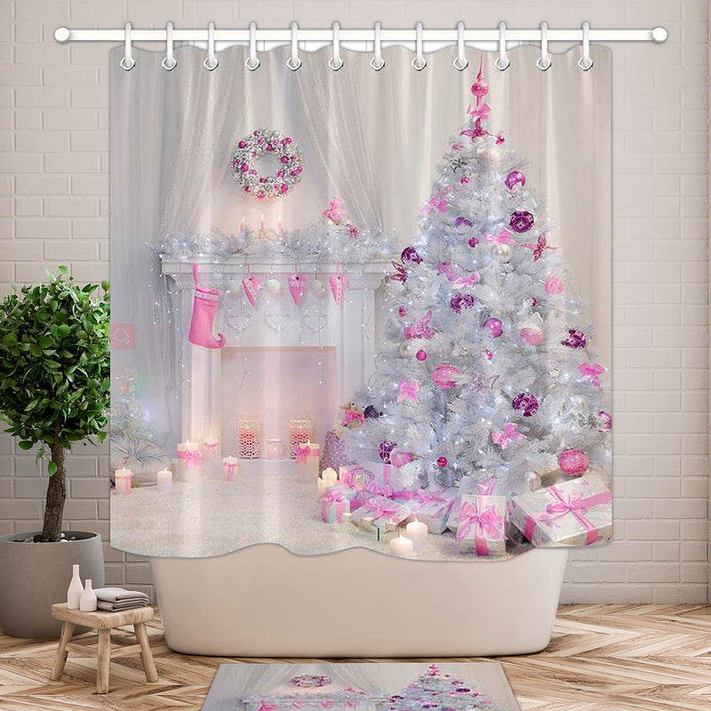 Christmas Tree Interior Xmas Fireplace Pink Decorated Indoors Shower Curtain Bathroom Sets