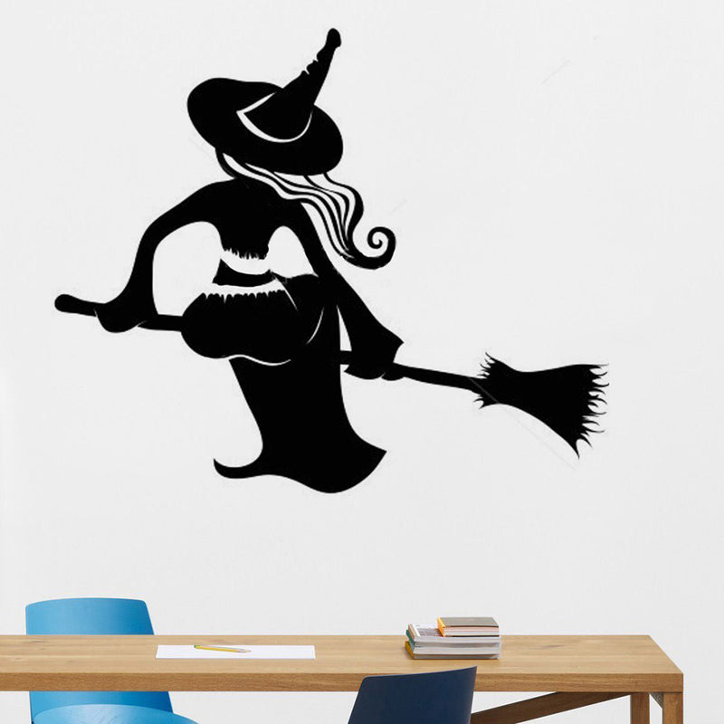 Creative Witch Broom Sticker Removable Halloween Decor Black DIY Wall Sticker Poster Wallpapers