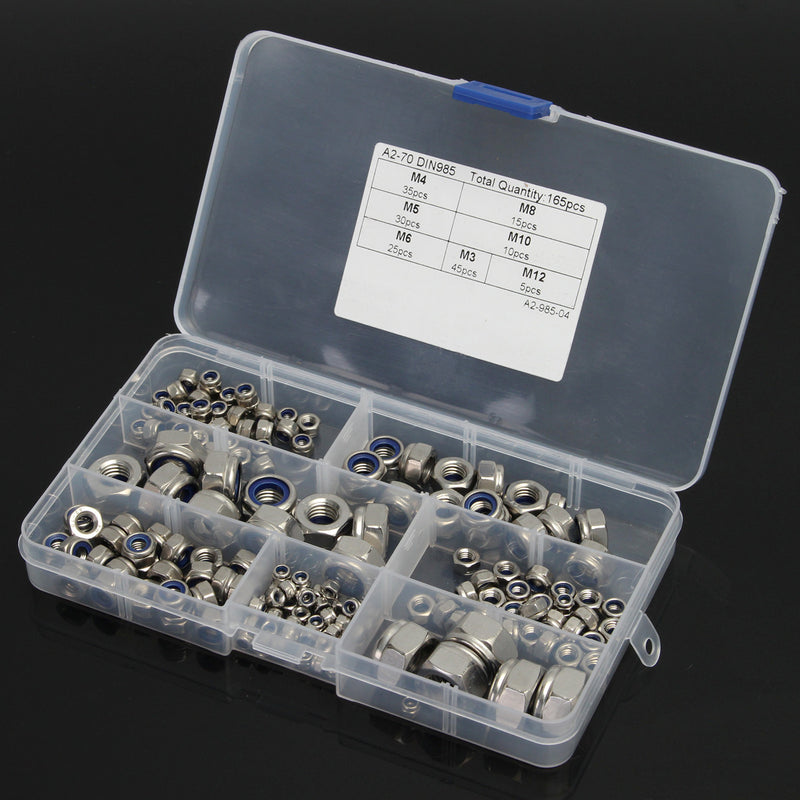 165Pcs Stainless Steel Nylon Insert Locknut Assortment Kit M3 - M12