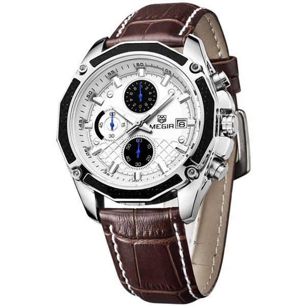 MEGIR M2015 Men Watch Leather Strap Multifunction Chronograph Fashion Casual Quartz Wrist Watch