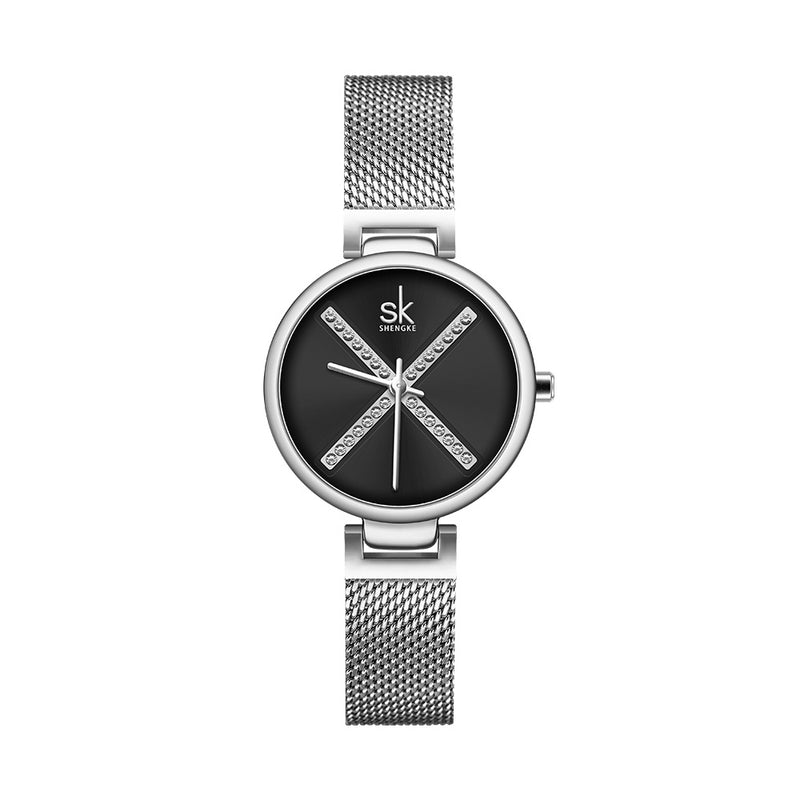 SHENGKE SK K0102 Crystal X Pattern Full Steel Strap Women Business Quartz Watch