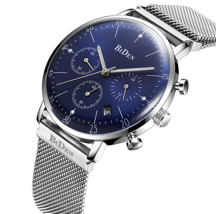 BIDEN BD00527 Luminous Display Chronograph Quartz Watch Full Steel Business Men Wristwatch
