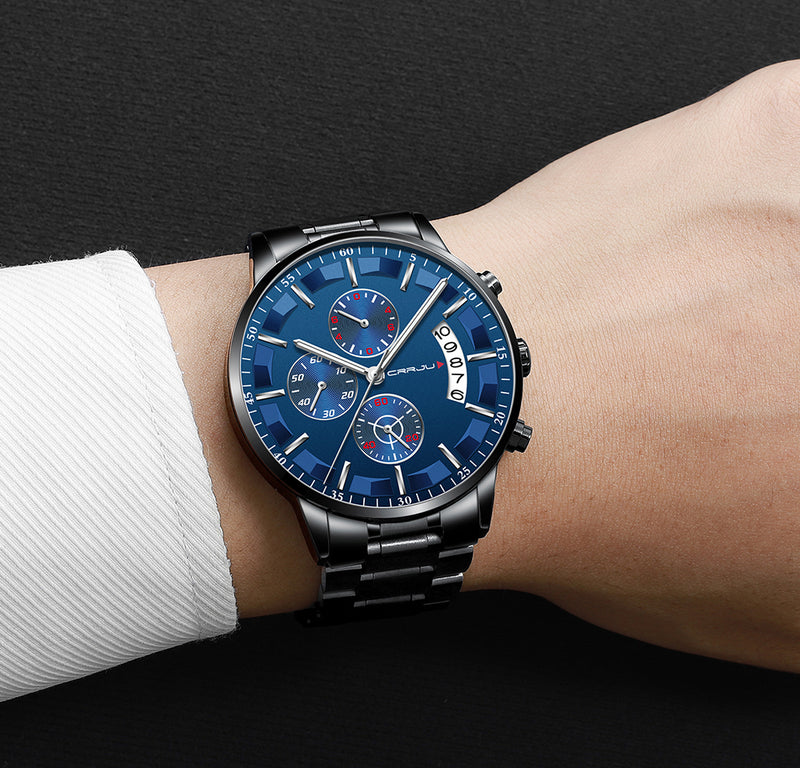 CRRJU 2261 Men Calendar Fashion Dial Simple Needle Full Steel Strap Luminous Display Quartz Watch