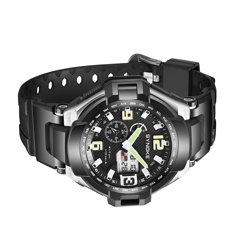 SYNOKE 67606 5ATM Waterproof Men Fashion Luminous Display Stopwatch Watch Dual Display Digital Watch