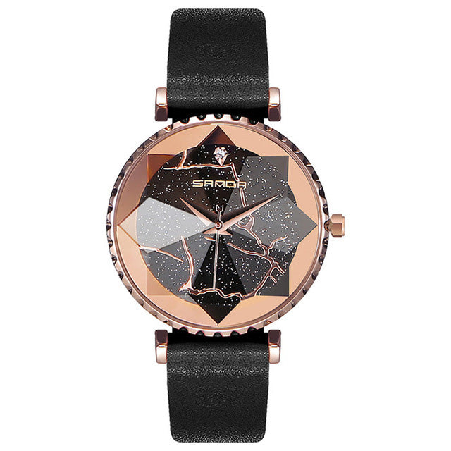 SANDA P231 Women Fashion Star Transparent Dial Leather Band Quartz Watch
