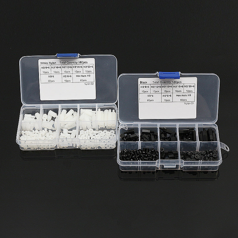 Suleve M3NH11 M3 Nylon Screw Black White Hex Screw Nut PCB Standoff Assortment Kit 180Pcs