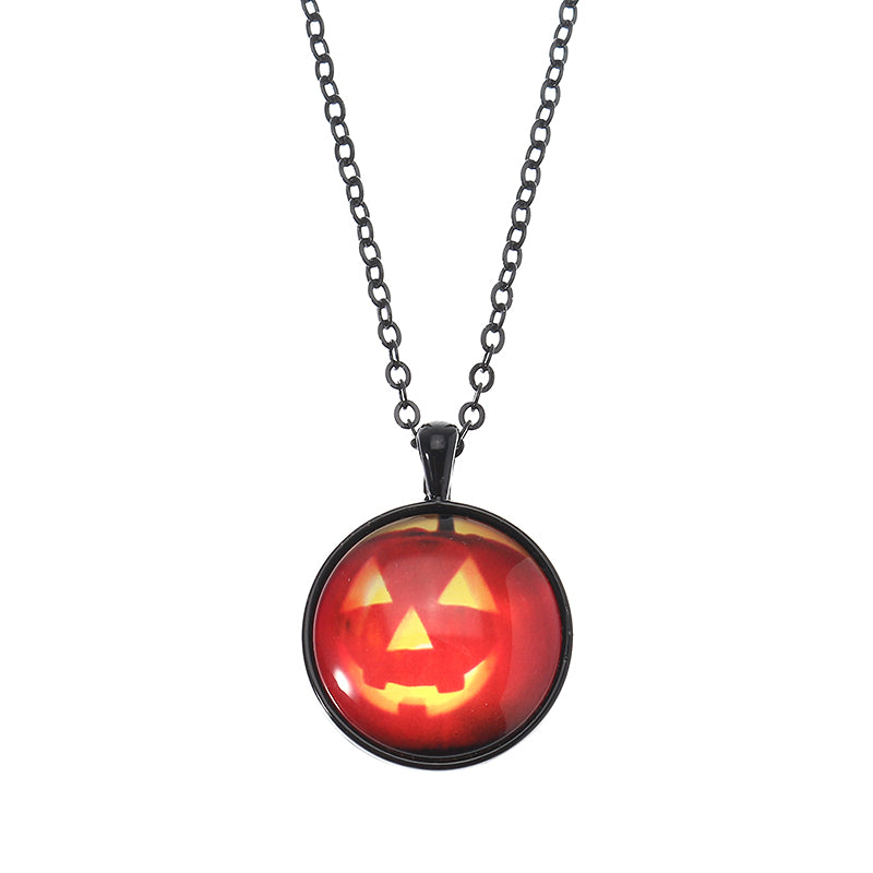 Halloween Pumpkin Witch Necklacee Cute Chain Time Gem Glass Pendant Necklacee