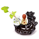 Ceramic Backflow Cone Holder Incense Burner Monk Smoke Buddhist Scents + Glass Pot