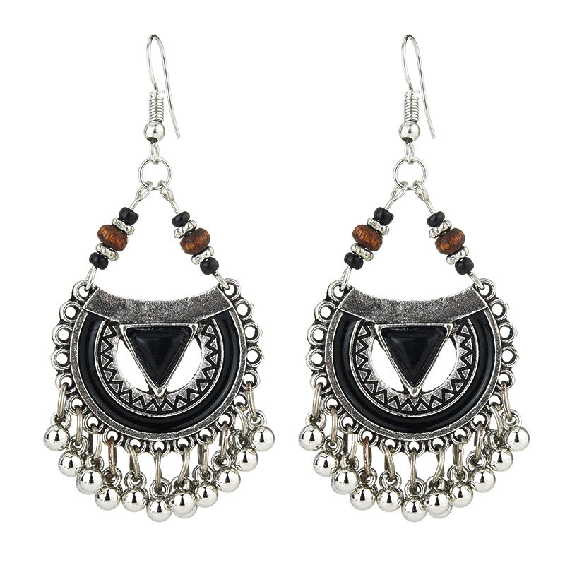 Ethnic Exaggerated Multielement Triangle Fan Shaped Retro Tassel Drop Earring for Women