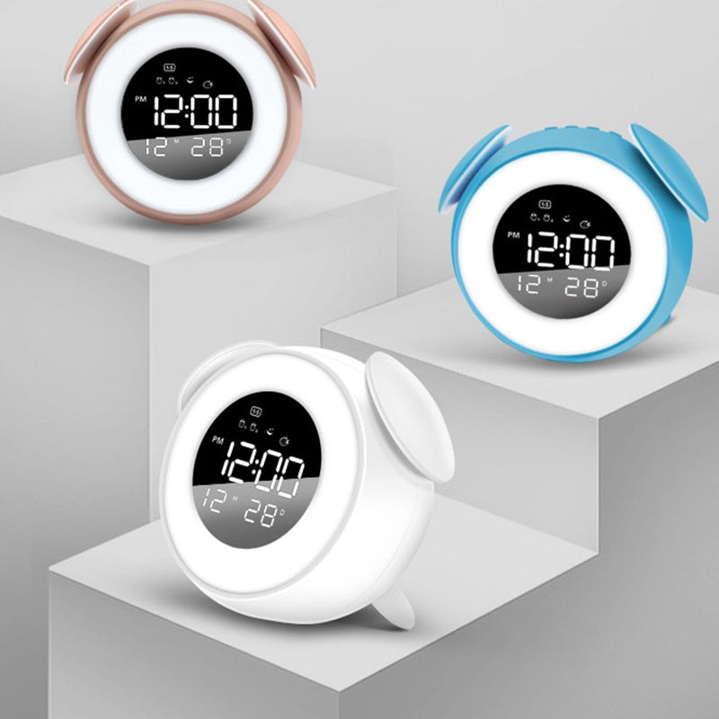 LD908 LED Wake Light Clock Ambient Light Rechargable Alarm Clock with Sunset Mode Digital 12/24 Hour Display