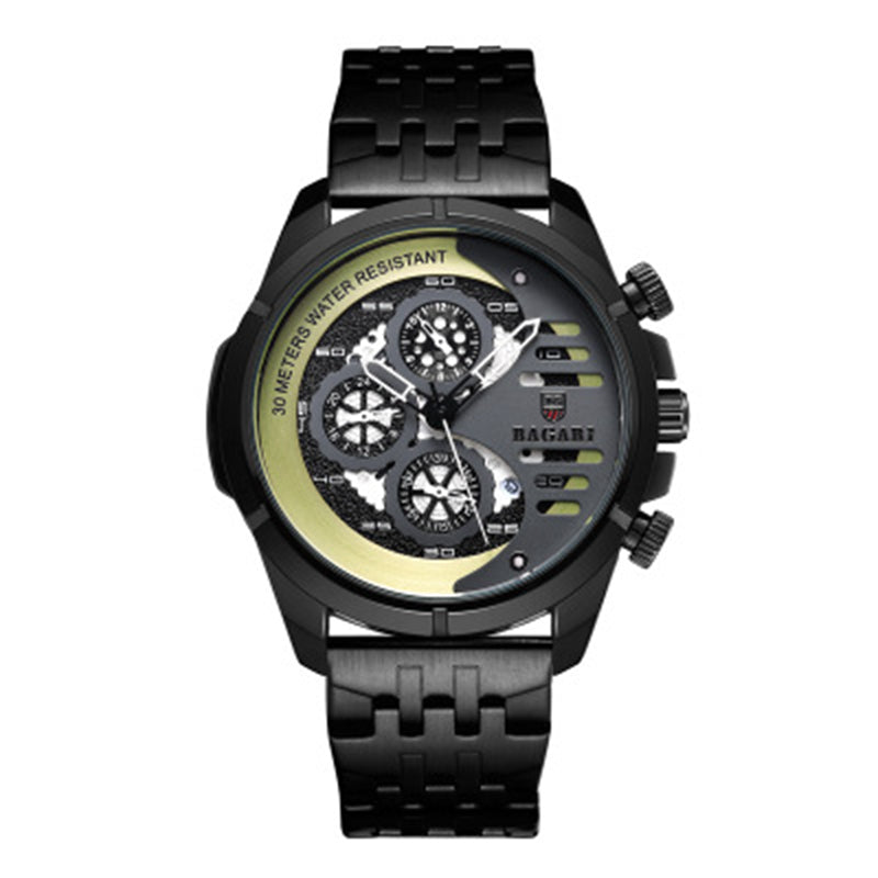 BAGARI 1822G All Dial Work Military Style Stainless Steel Strap Luminous Calendar Men Watch Quartz Watch