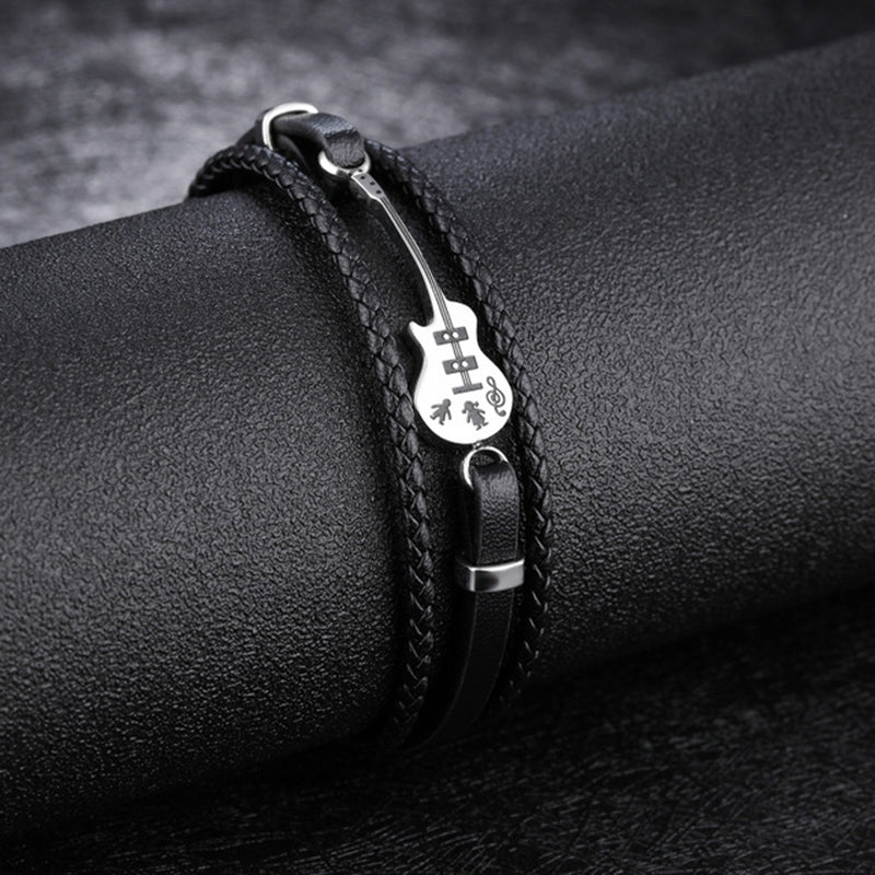 Creative Mini Guitar Men's Leather Multilayer Braided Titanium Steel Bracelet