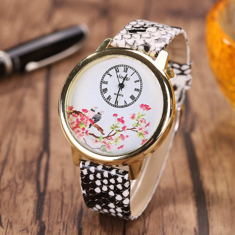 Flower and Bird Quartz Watch Casual Style Leather Strap Women Wrist Watches