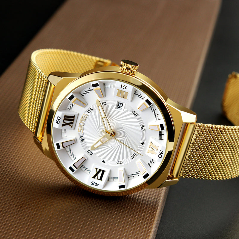SKMEI 9166 Gold Case Business Style Men Wrist Watch Milan Stainless Steel Quartz Watches