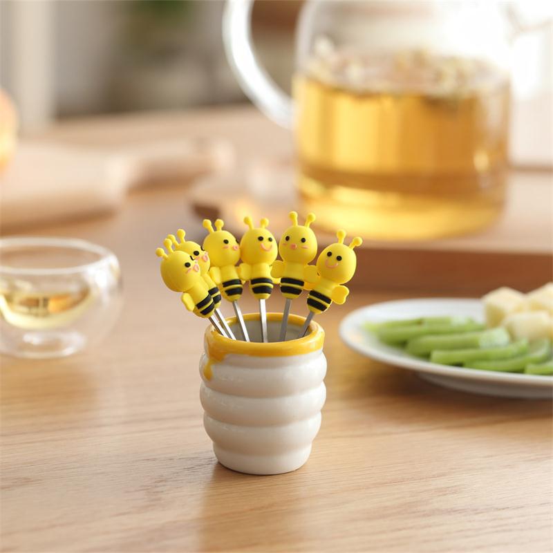 6 Pcs Silicone Bee Fruit Forks Mini Cartoon Animal Stainless Steel Salad Dessert Fruit Fork Picks