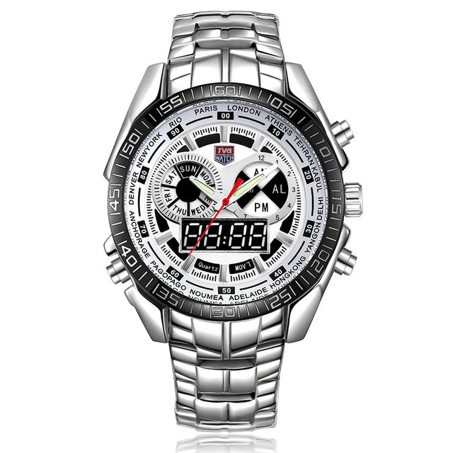 TVG 468 Men Luxury Steel Band Date Luminous Display Fashion Sport Dual Disaplay Digital Watch