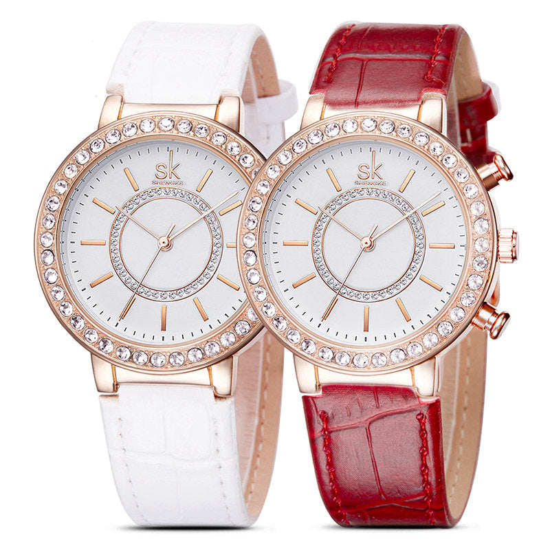 SK K0012 Diamonds Gold Case Moden Women Wrist Watch Gift Leather Strap Quartz Watches