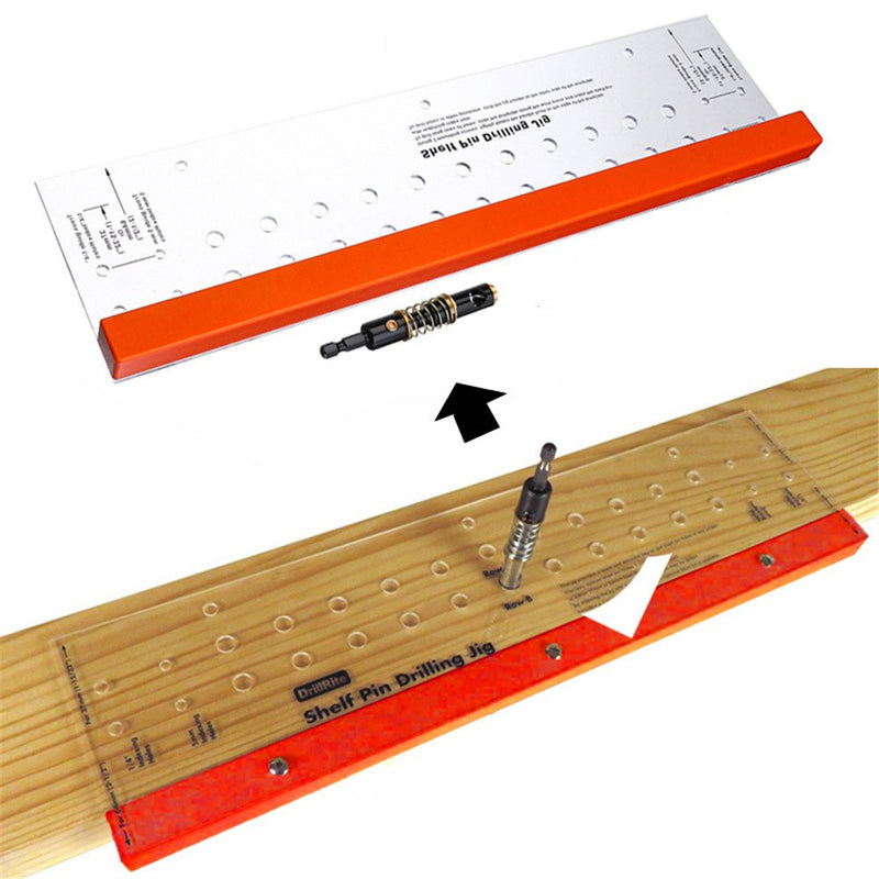 Shelf Pin Drilling Jig with 1/4 Inch Self Centering Bit 11 Holes 19 Inch Long Tools Woodworking Drillring Guide