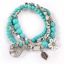 Ethnic Blue Turquoise Beaded Bracelet Hollow Tree Leaves Flower Plant Charm Multilayer Jewelry