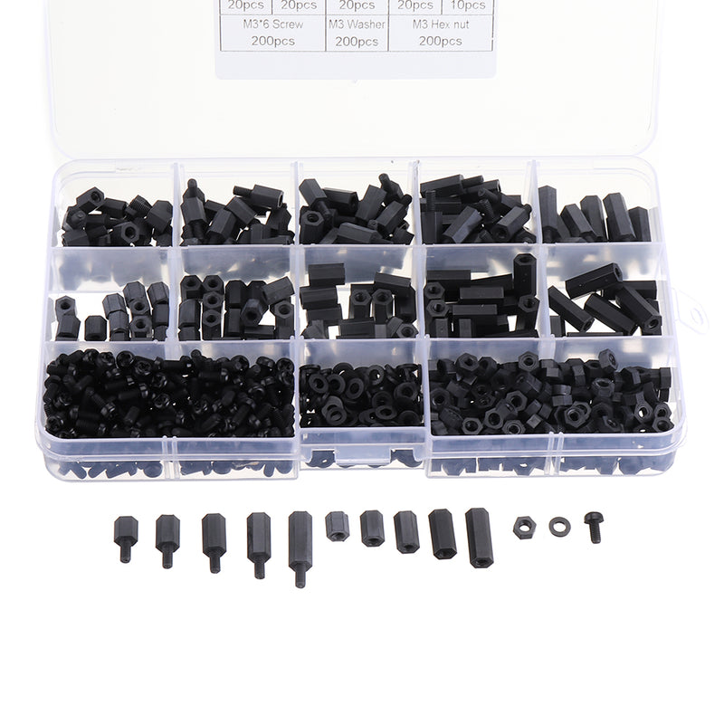 Suleve M3NH17 780Pcs M3 Nylon Screw Black Hex Screw Nut PCB Standoff Spacer Column Assortment Kit