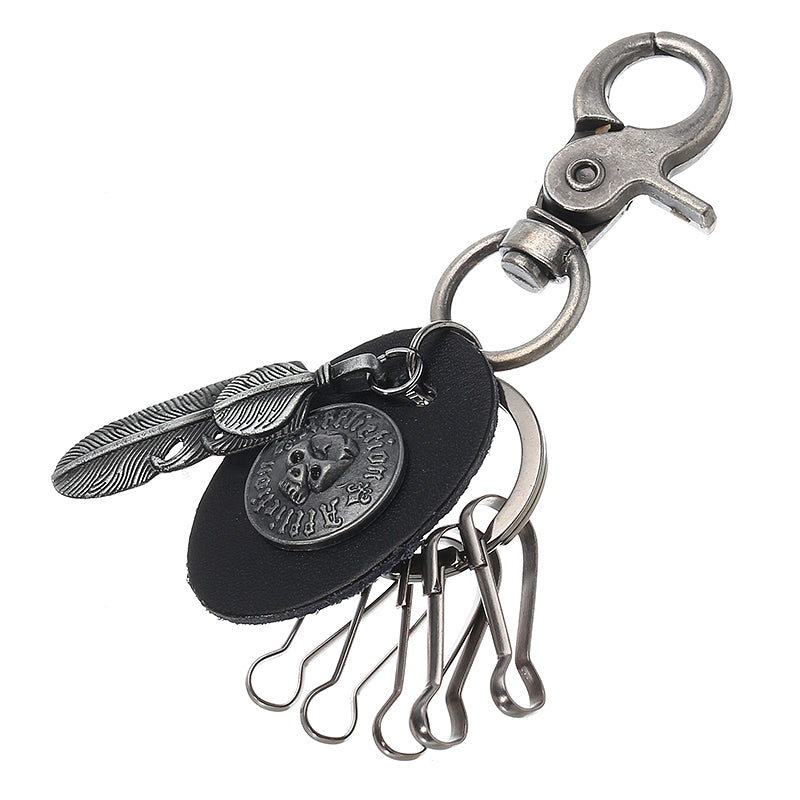 Gun Black Skull Pattern Keychain Feather Pendant Key Ring Halloween Gift for Unisex