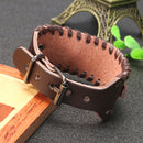 Punk Genuine Leather Bangle Chain Handmade Alloy Woven Wide Adjustable Men Bracelet
