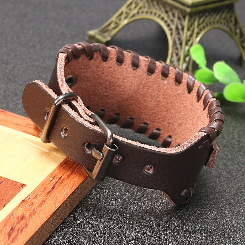 Punk Genuine Leather Bangle Chain Handmade Alloy Woven Wide Adjustable Men Bracelet