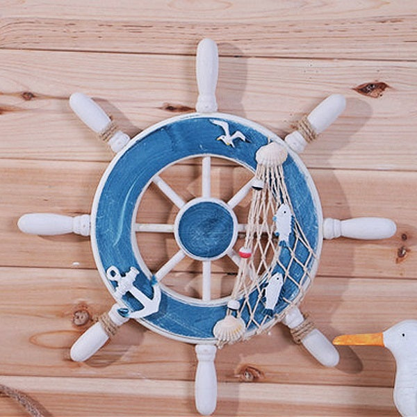 Wooden Boat Ship Steel Ring Wheel Wall Plaque Nautical Beach Tropical Decor