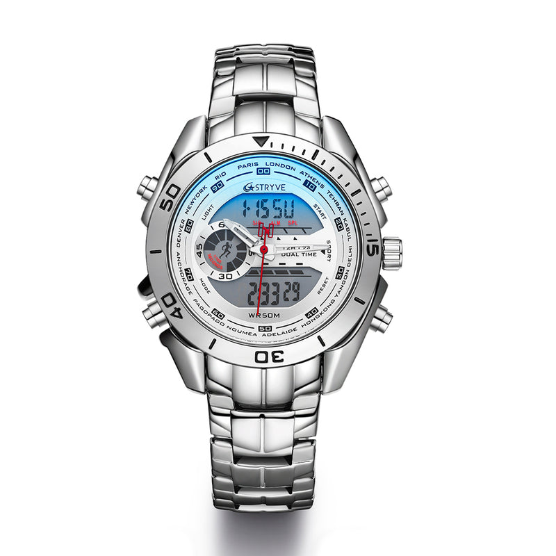 STRYVE S8019 Men Luminoud Display Alarm Clock Chronograph Sport Steel Strap Dual Display Digital Watch