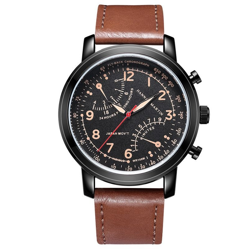 Hannah Martin Men Relogio Masculino Leather Band Decorative Small Dial Quartz Watch