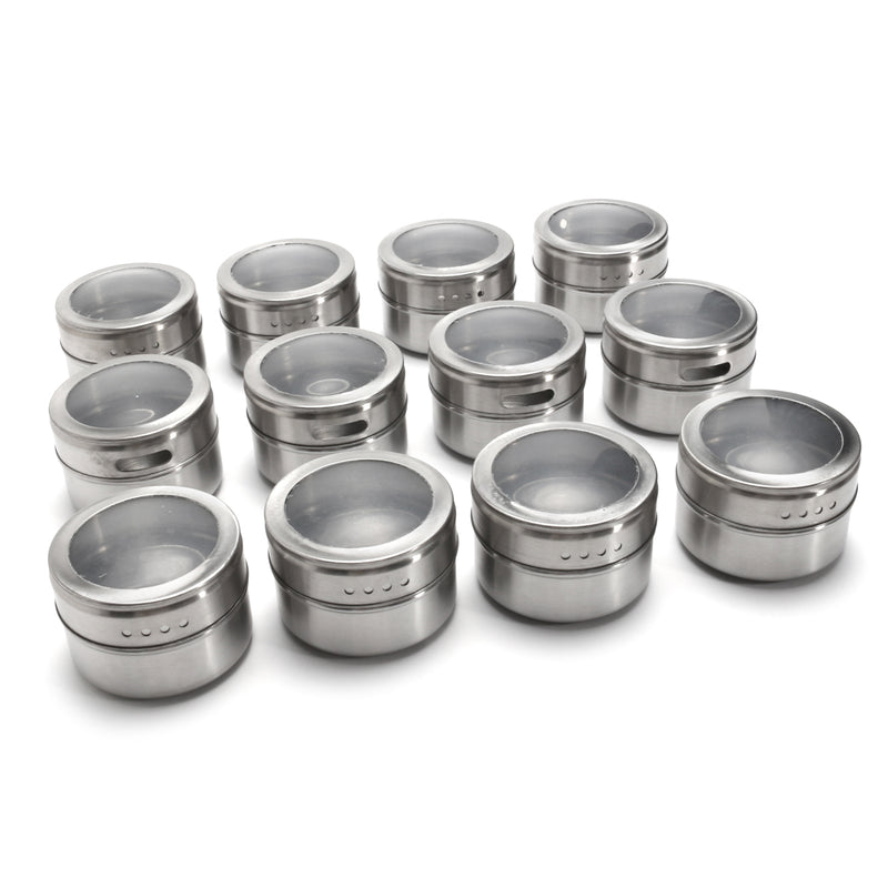 12Pcs Stainless Steel Magnetic Spice Tin Kitchen Storage Container Jars Clear Lid