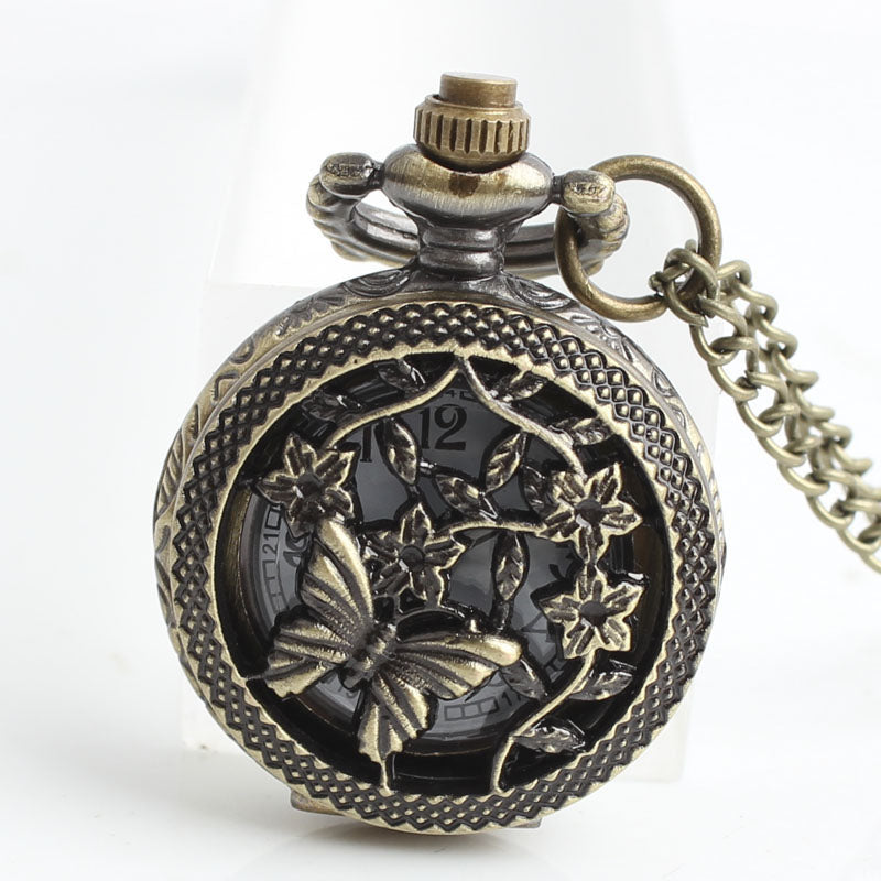 DEFFRUN Hollow Butterfly Flower Pattern Round Brown Quartz Pocket Watch
