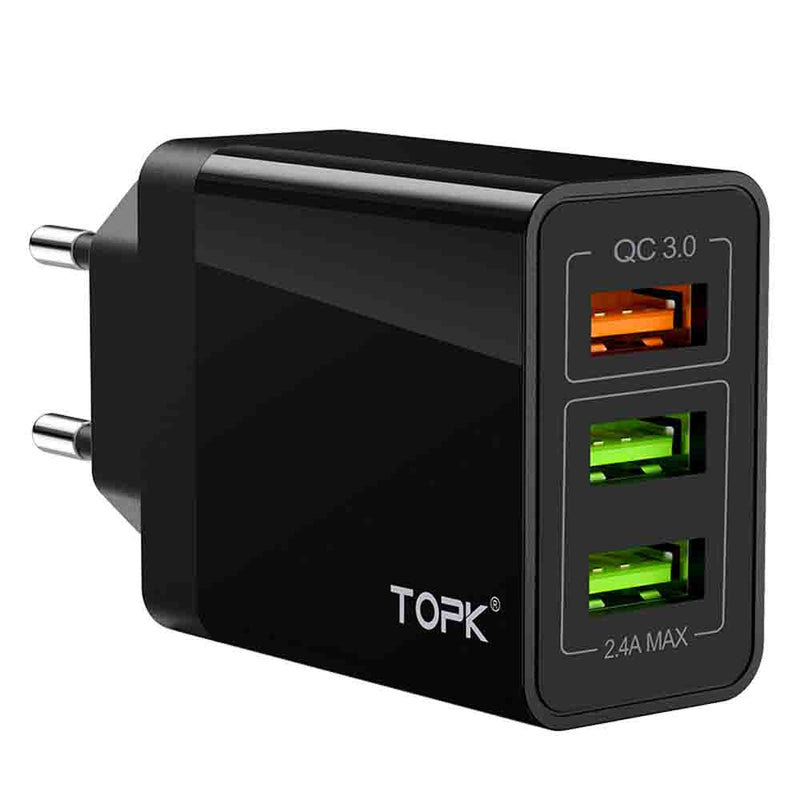TOPK 30W 3 USB Ports Wall Charger EU Adapter For iPhone X XS HUAWEI P30 Mate20 XIAOMI MI9 S10 S10+