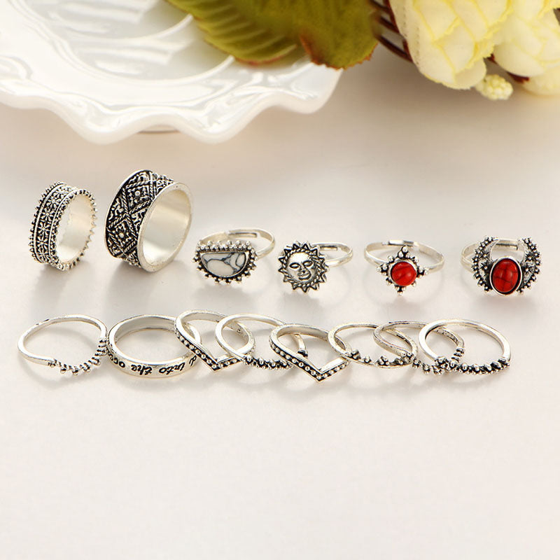 14 Pcs Bohemian Statement Ring Set Turquoise Flower Engraved Knuckle Rings for Women