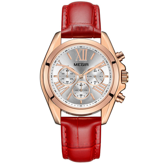 MEGIR 2114 Chronograph Genuine Leather Luxury Retro Women Watch Wristwatch Quartz Watch