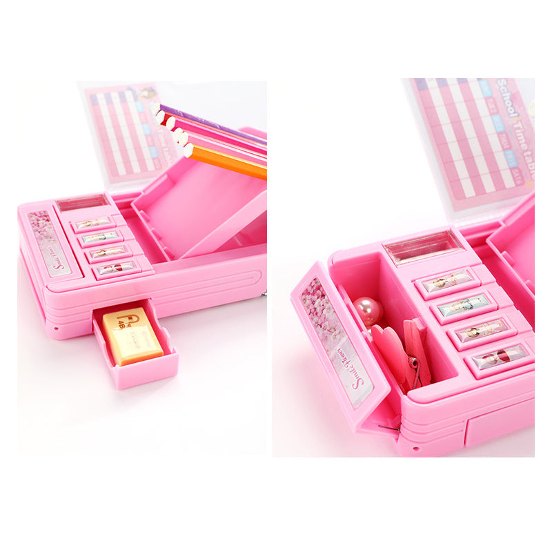 Plastic Cartoon Fancy Stationery Multi-function Pen Box 2 Layer Double Open Multi-layer Pencil Case Holder Students Gift Office School Supplies