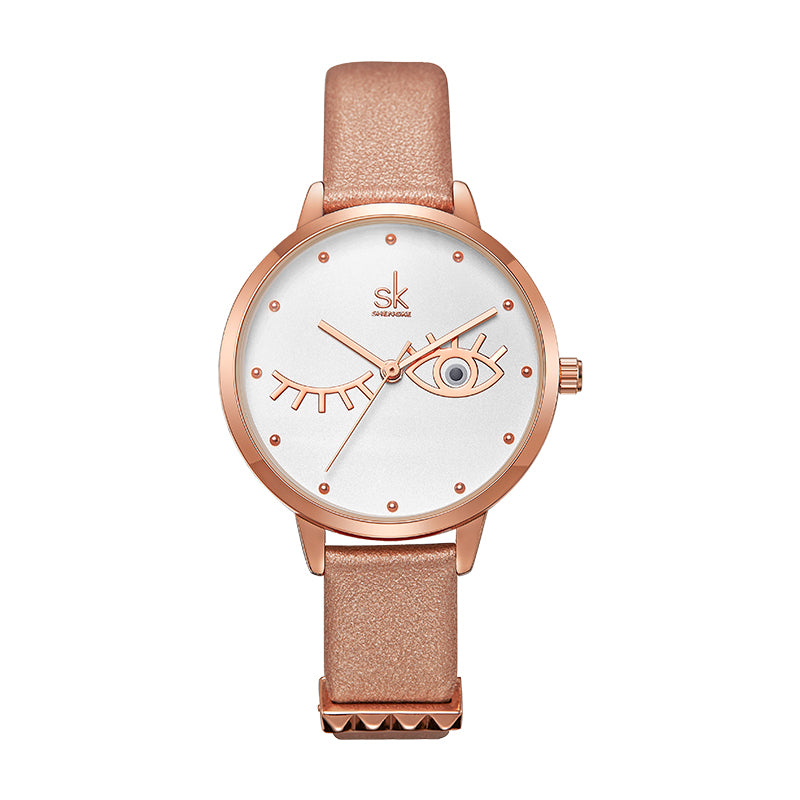 SHENGKE SK K9011 Blink Eyes Pattern Ladies Dress Leather Strap Women Quartz Watch