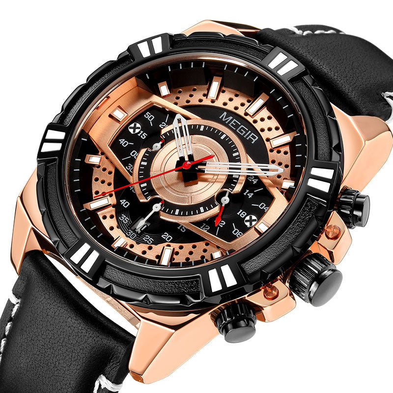 MEGIR 2118 Sports Style Complete Calendar Chronograph Waterproof Leather Quartz Watch Men Wristwatch