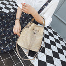 Women Drawstring Beach Bag Bucket Barrel Pouch Crossbody Messenger Straw Knitted Bamboo Handle Handbag Tote Outdoor Travel